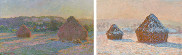 177413_FIG 1 (left): Claude Monet, Stacks of Wheat (End of Summer), 1890/91. Image: Art Institute of Chicago, Gift of Arthur M. Wood, Sr. in memory of Pauline Palmer Wood.   177413_FIG 2 (right): Claude Monet, Wheatstacks, Snow Effect, Morning, 1891. Image: Courtesy of Getty's Open Content Program.